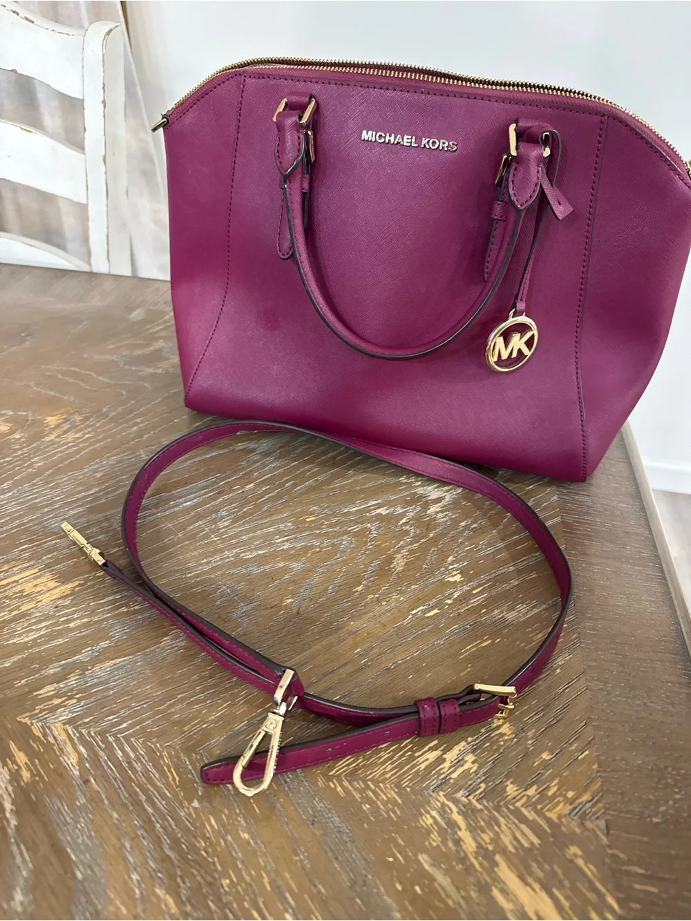 Michael Kors Pink Saffiano Leather Satchel with Gold Hardware